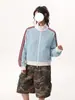 Jaqueta Waffle Patchwork Listrada com Gola Alta para Homens e Mulheres, Cardigan Moletom Casual Esportivo Estilo Americano de Outono para Casais