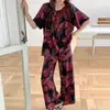 Pijama de algodón y seda para mujer con estampados estilo chino, ropa de casa de algodón y seda con cordones, elegante y sofisticado, conjunto fino de manga corta