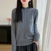 Suéter de punto de lana pura estilo coreano, medio alto, medio abierto, transfronterizo para mujer, jersey de ganchillo con manga, otoño e invierno