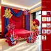 Decoração de quarto de casamento em novo estilo chinês com cortinas de tecido, decorações de personagens de casamento para a cabeceira, parede de fundo do quarto de casamento