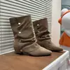 Botas de punta afilada con acabado mate y tacón de bloque para mujer, botas de otoño 2026 hasta la pantorrilla, tacón de aguja, botas ajustadas retro Maillard