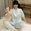 Pijama de verano nuevo de seda de hielo de manga corta y pantalones para mujer, estampado de dibujos animados japonés, dulce ropa de casa, traje al por mayor