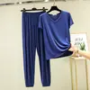 Conjunto Casual de Dos Piezas para Mujer Verano V-Neck Conjunto de Pijama Ropa de Casa Se Puede Usar Afuera Delgado Casual Modal Manga Corta