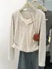 Camiseta Rayada de Dos Piezas Falsas de Tiro Real Americano para Mujer, Primavera y Otoño, Top Base Ajustado a la Cintura con Volantes, Manga Larga con Cuello Semi Abierto, Comercio Exterior