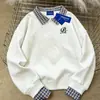 Moletom Pesado Falso Duas Peças Camisa Feminina com Gola Polo, Casual Versátil de Caimento Solto, Top Patchwork Nicho Estilo Coreano Outono e Inverno