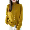 Cárdigan de punto de moda para mujer con bloques de color, cuello alto, múltiples botones, cuello semi-alto, corte holgado y mangas largas, perfecto para otoño e invierno.