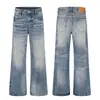 K5303 High Street Estilo Americano Unisex Tendencia Callejera Azul Lavado Diseño de Desgaste Jeans Retro Micro-Acampanados para Hombre