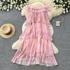 Vestido pastel rosa con volantes estilo resort francés para mujer, vestido de verano sin mangas, hombros descubiertos, línea A, absolutamente hermoso y único