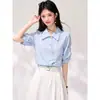 Camisa azul de manga curta estilo francês para mulheres, novo design de verão, top único e assimétrico