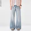 Marca de Moda de Rua Jeans Flare Estreito Desgastado para Homens, Design Retrô Americano, Calças Flare Largas de Pernas Retas para Homens