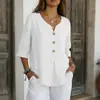 Camisa de Botones Casual Holgada de Algodón y Lino de Manga Tres Cuartos, Color Sólido, Nueva, Transfronteriza, Disponible en Stock, Botón de Amazon Europeo y Americano