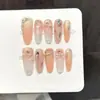 Manicure Gradiente Champagne Ballet Laranja Rosa Olho de Gato Laço com Glitter Fino Dourado Quente, Unhas Wearable Elegantes Feitas à Mão
