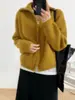 Cardigan feminino 100% lã mercerizada com lapela e zíper, um suéter de malha sofisticado de manga longa para primavera e outono