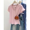 Comércio Exterior Camiseta de Manga Curta Cor Sólida Estilo Americano Feminina Verão Estilo Coreano Ajustada Camiseta Básica Algodão Bambu Decote V Manga Média