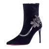 Botas Elásticas Pretas Meias Modeladoras Botas 2025 Novas Meia-Panturrilha Salto Agulha Bico Fino Modeladoras Botas Curtas de Salto Alto com Flores para Mulheres