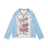 Camiseta de manga larga con estampado de oso retro americano y retazos a rayas para mujer, nuevo estilo de otoño, top versátil casual holgado, moderno