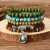 Amazon venta caliente transfronteriza pulsera de cuentas hecha a mano estilo retro para hombre pulsera de línea elástica multicapa con cuentas de madera árbol de la vida