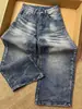 Jeans de Pierna Ancha Curva Retro Americano Lavado High Street para Mujer Otoño Junta de Bambú Sueltos Adelgazantes Versátiles Pantalones de Pierna Ancha de Longitud Completa