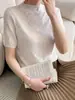 Nuevo Top de Punto de Seda Helada de Manga Corta de Color Sólido Versátil para Mujer, Elegante y Sencillo, Corte Ajustado, Ligero, Ligeramente Transparente