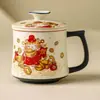 Caneca de Cerâmica Gato da Sorte Pedra Mineral Branca com Separador de Chá para Casa Escritório Copo de Bebida Conjunto Caixa de Presente para Cliente Corporativo