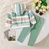 Conjunto para Niña Rayas Verdes Frescas y Marrones con Capucha Bloque de Color Sudadera con Rayas + Pantalones Largos con Raya Lateral Conjunto Primavera/Otoño