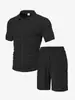 Ropa de hombre transfronteriza europea y americana de verano nuevo casual abotonada color liso patrón cruzado jacquard de rizo conjunto de pantalones cortos de manga corta
