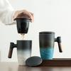 Taza de Oficina Shangyue de Estilo Japonés Taza de Cerámica Taza Mango de Madera con Tapa Separación de Té Taza para Remojar Gran Capacidad Taza para Beber