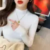 Suéter de Punto para Mujer Estilo Nuevo Otoño e Invierno Cuello Medio Alto Versátil Elegante Ajuste Delgado Jersey Prenda Base de Punto Tendencia Negro