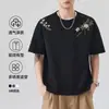 Camiseta Masculina Pesada Estilo Retrô Americano Shanggu com Bordado, Gola Redonda de Caimento Solto, Exclusivamente para Comércio Transfronteiriço, Camiseta com Bordado Pesado para Homens