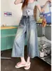 Shorts Jeans Reto Americano Retro Desgastado para Mulheres, Novo Estilo de Verão, Cintura Alta, Caimento Solto, Tamanho Grande Jeans Cropped de Perna Larga