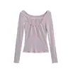 Camiseta de Manga Larga con Cordones de Moda para Mujer, Estilo Primavera y Otoño, Diseño Único, Camiseta Base Rosa de Cuadrados, Top de Capa Interior