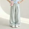 Conjunto de Ropa de Verano para Niñas y Niños Mayores, Estilo Coreano, Estilo Casual Simple y Moderno, Manga Corta, Cuello, Pantalones de Pierna Ancha a Cuadros, Conjunto de Verano