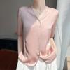 Verano 2025 Nuevo Transfronterizo Camisa Cuello V Cárdigan Manga Corta para Mujer Color Puro Estampado Oscuro Suelto Elegante Camisa Top para Mujer