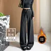 Pantalones Deportivos Casuales Simples de Cintura Alta con Caída para Mujer, Estilo Perezoso Holgado Forrados de Polar para Invierno, Pierna Recta, Largo hasta el Suelo, Pierna Ancha
