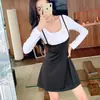 Vestido Longo de Manga Longa com Costura Transfronteiriça e Contraste Falso de Duas Peças para Mulheres, Estilo Novo de Primavera e Outono, Cobrindo a Barriga e com Efeito Emagrecedor, Saia Curta em Linha A