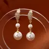 Pendientes de perla con circonita microincrustada, aguja de plata S925, pendientes de moda de alto nivel, temperamento elegante, pendientes exquisitos estilo 'red net'