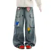 Marca americana trendy transfronteiriça estampa fofa retrô workwear high street nicho solto perna larga perna reta comprimento total calça jeans
