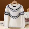 Suéter de punto Fair Isle 100% lana para otoño e invierno, unisex, cuello redondo, manga larga, de doble hebra, engrosado, estilo jersey