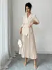 Moda Europea y Americana para Mujer 2026 Elegante Traje plisado para ir al trabajo Vestido largo con cordones