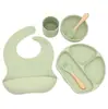 AliExpress Mais Vendido Conjunto de 6 Peças Babador de Bebê Refeição Tigela Redonda Colher Garfo Prato Dielétrico Conjunto de Louça de Silicone Suplementado