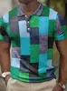 Camisa Polo Europeia e Americana Masculina Transfronteiriça Tendência com Estampa Digital 3D, Bloqueio de Cor Xadrez, Manga Curta, Colarinho Cuban