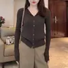 Versátil para el día a día Cuello solapa Gris Corte Cut Out Manga larga Tejido de punto Prendas de punto para mujer Otoño e Invierno Cárdigan Estilo coreano Ajuste ceñido Top