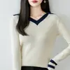 Suéter de tricô 100% algodão com gola polo color-blocking estilo francês para mulheres, novo modelo 2026, camisa base com gola de lapela, suéter que rejuvenesce