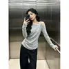 Design cinza, camiseta de manga longa ombro a ombro para mulheres, outono/inverno, estilo puro e sexy, top base justo ao corpo