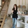 Foto real de 2025 Nuevo Verano Estilo Coreano Cuello en V Sin Mangas Tirantes Cintura Adelgazante Look Negro Versátil Top Chaleco