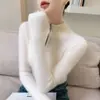 Suéter de Cachemira Versátil para el Trabajo con Media Cuello Alto y Cremallera para Mujer 26 Otoño/Invierno Color Sólido Canalé Adelgazante Capa Base Tejido