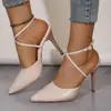 Sandálias de festa elegantes, sapatos de salto alto sofisticados, scarpins stiletto de bico fino, sem costas e com tiras cruzadas deslumbrantemente bonitos para mulheres