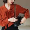 Blusa "inner wear" para o dia a dia com lindo laço + decote V drapeado pequena para mulheres Primavera e Outono Estação Europeia