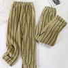 Outono e Inverno Novo Calça de Pijama Feminina de Lã Coral com Bolso Duplo Calça Listrada Calça para Usar no Inverno Espessura Quente