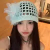 Sombrero de Mujer Primavera y Verano Estilo Coreano Delgado Hueco Transpirable Protector Solar Hecho a Mano Tejido Sombrero Dulce Lana Lino Red de Pescado Sombrero